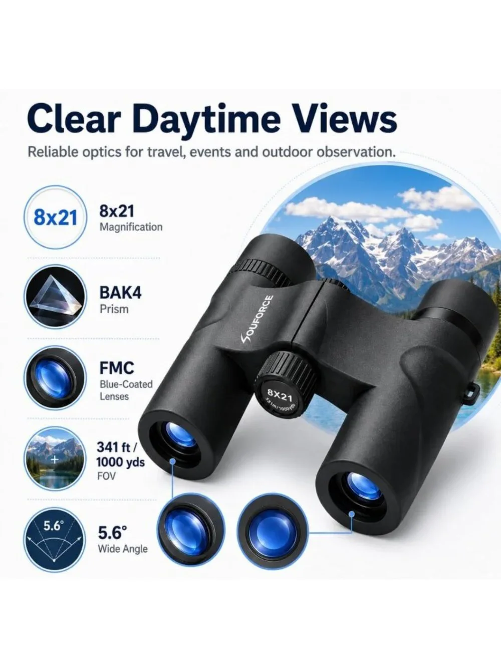 High-Powered 8x21 Compact Binoculars for Adults, BAK4 Prism, Lightweight